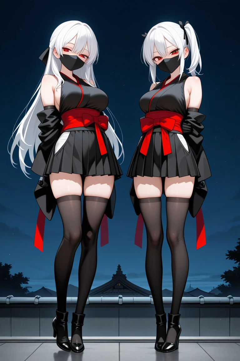 Make a full body character with 2D graphics based on current anime 4k-8k The character is 22 years old. Mature body with big breasts and curves. Eyes red, white cat ears, long white hair down to the ankles. Cat's furry tail. The outfit is a mix of traditional Japanese kimono, Qipao chines stylized in a cyberpunk way. The colors of the clothes are predominantly white with details of blood red and gold.. With sock 3/4 black and white, sandalhas ninja estilo cyberpunk.