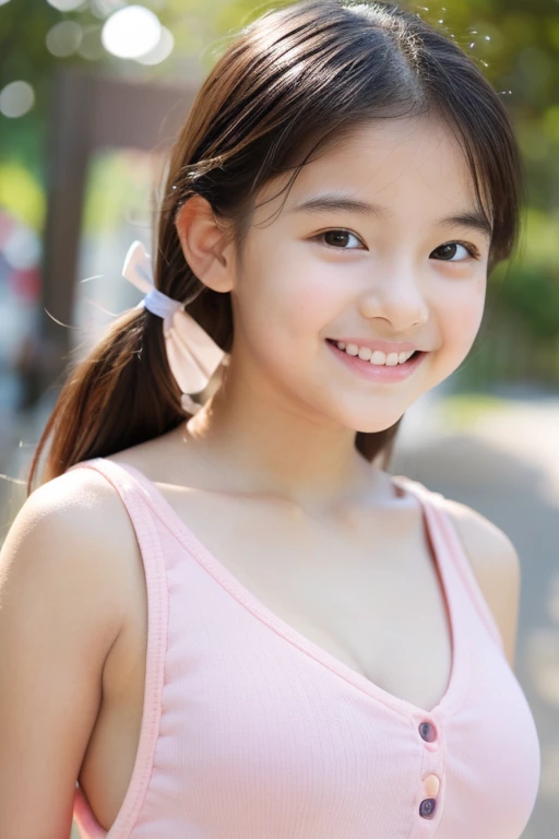 (A photo of your face:1.25), , (Baby Face), (Round face), One Japanese woman, beautiful girl, Pretty face, (View your viewers), (Standing facing the camera), (smile), (Beige tank top)、(Pure white background:1.2)、Mouth closed