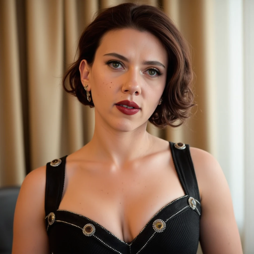 Hayley Atwell with short brown hair, serious expression, wearing a black dress, thin body, detailed face, 8k, photorealistic, high quality, masterpiece, concept art, dramatic lighting, cinematic