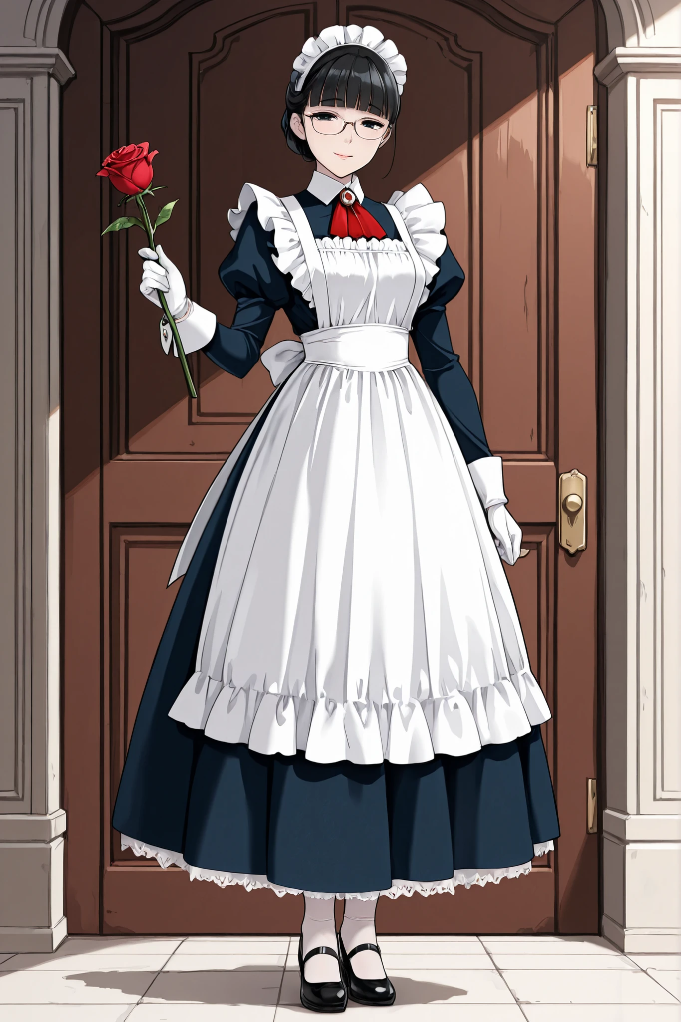 1 girl, solo,beautiful girl,adult,18 years old,black eyes,black hair,masterpiece,general,highres, ultra-detailed,very aesthetic,best quality,best hands,best eyes,perfect anatomy,anime coloring,easynegative,pale skin,BREAK,Victorian Maid,elegant gloves,white lace stockings,mary Jane shoes,sel-frame glasses,updo,blunt bangs,contempt,false smile,holding,crimson rose,