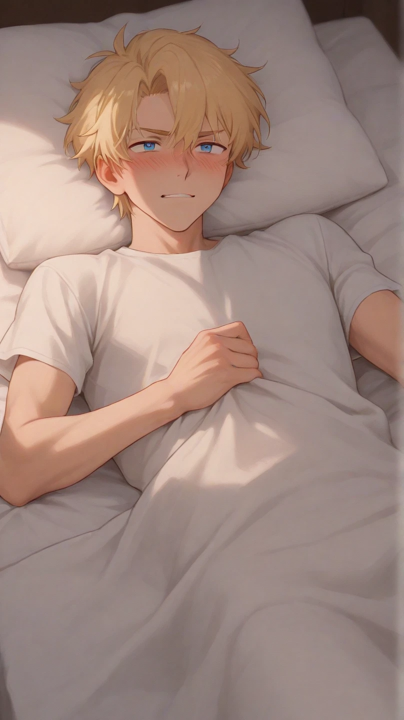 Male, slim, Cute, bright eyes, Short blond hair, in your bedroom, looks at the viewer, shy, naked male, upper body image, lying in bed, spread legs, dick, sexy, shorts
