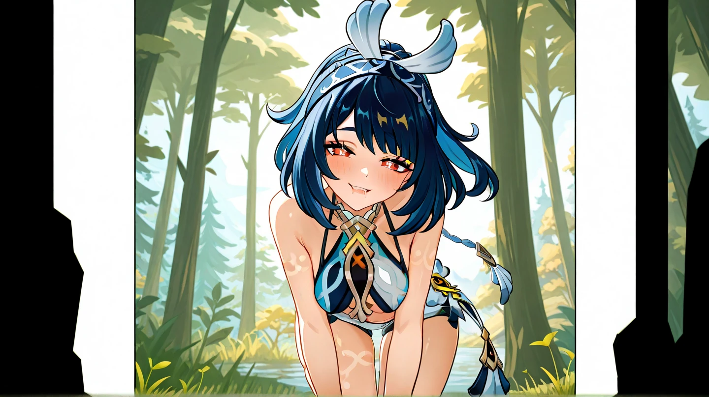 (best quality, vivid colors),deslumbrante.
## Generated prompt 1 girl, forest, striking, Chonmago, no sclera, high-cut bikini, high-contrast hair, (best quality, vivid colors), dazzling.