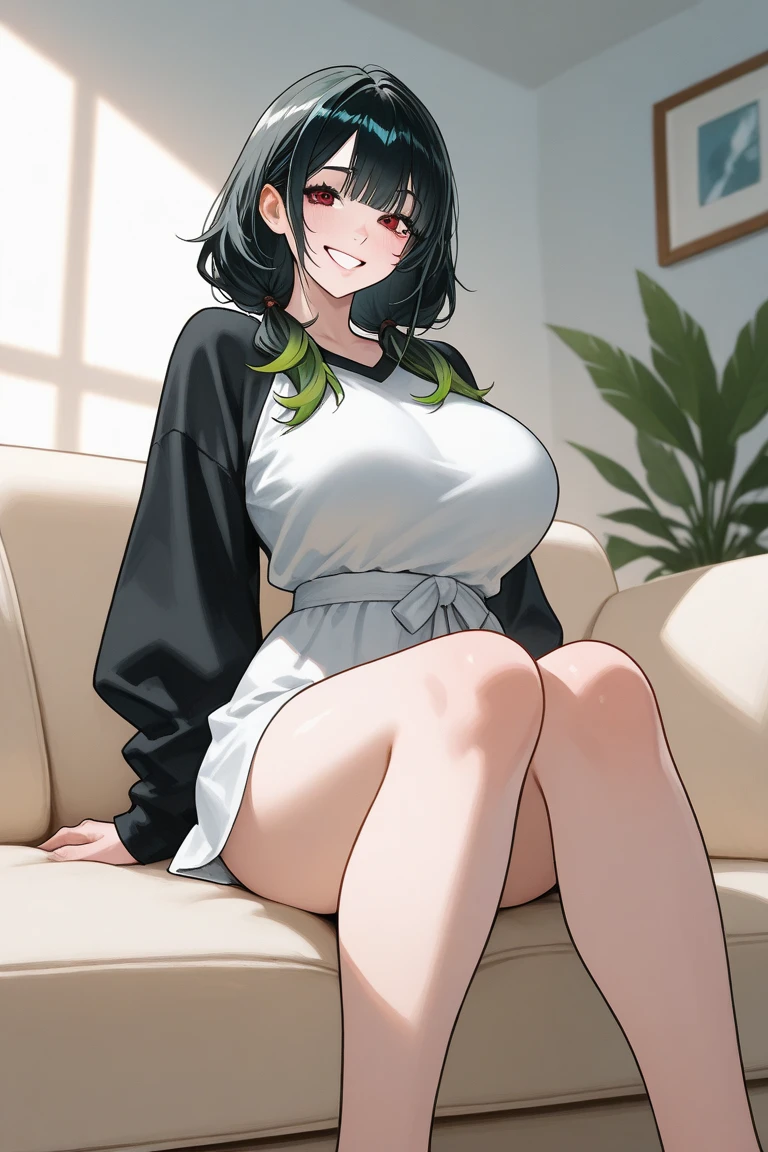 woman with, black hair green tips, green eyes, a pleasant and smiling expression, Sitting on the couch, with a collared shirt, big breasts, with legs stretched, and the soles of the feet exposed 