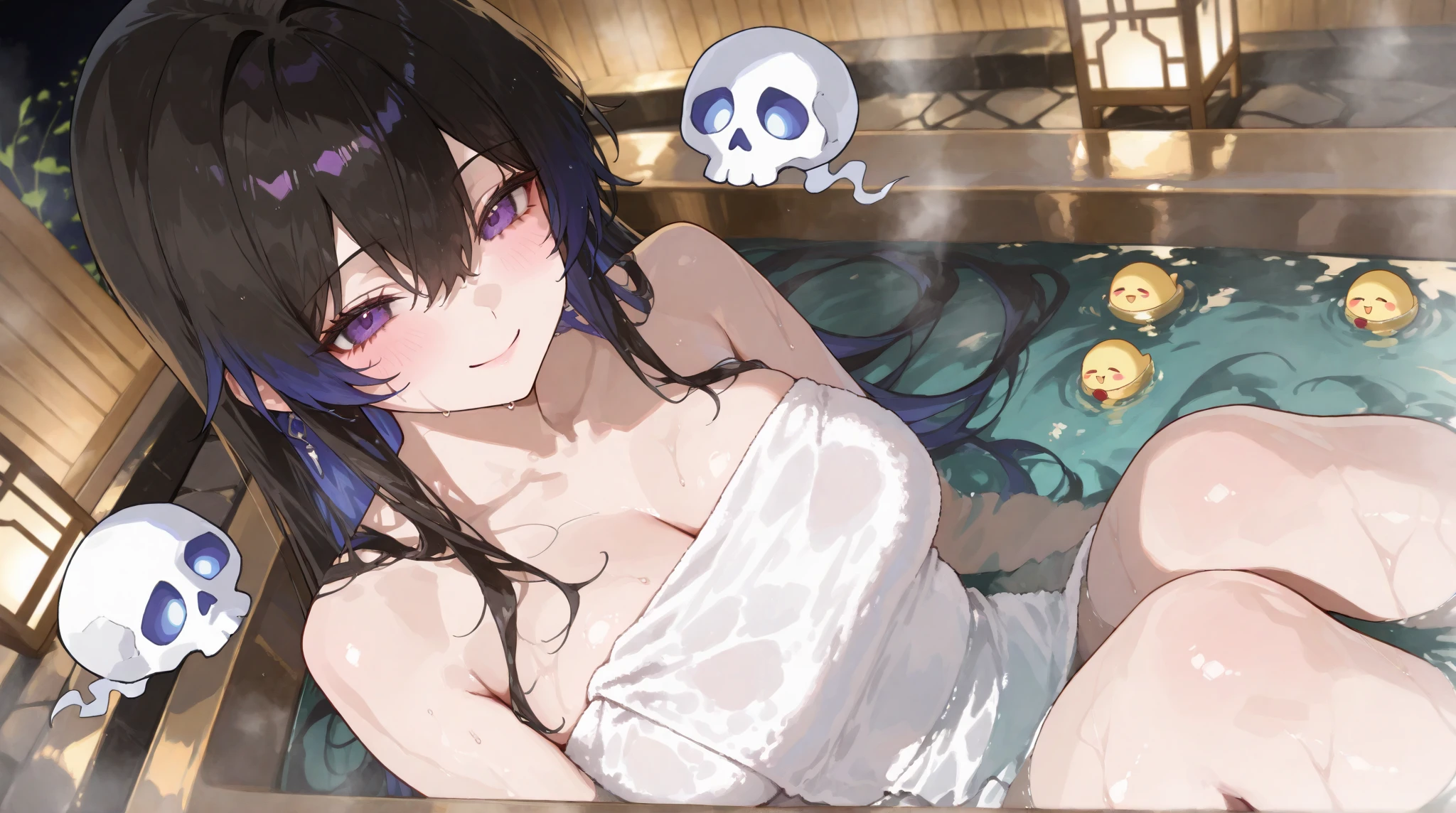 Woman, mature, black hair, red eyes, crow, bathing
