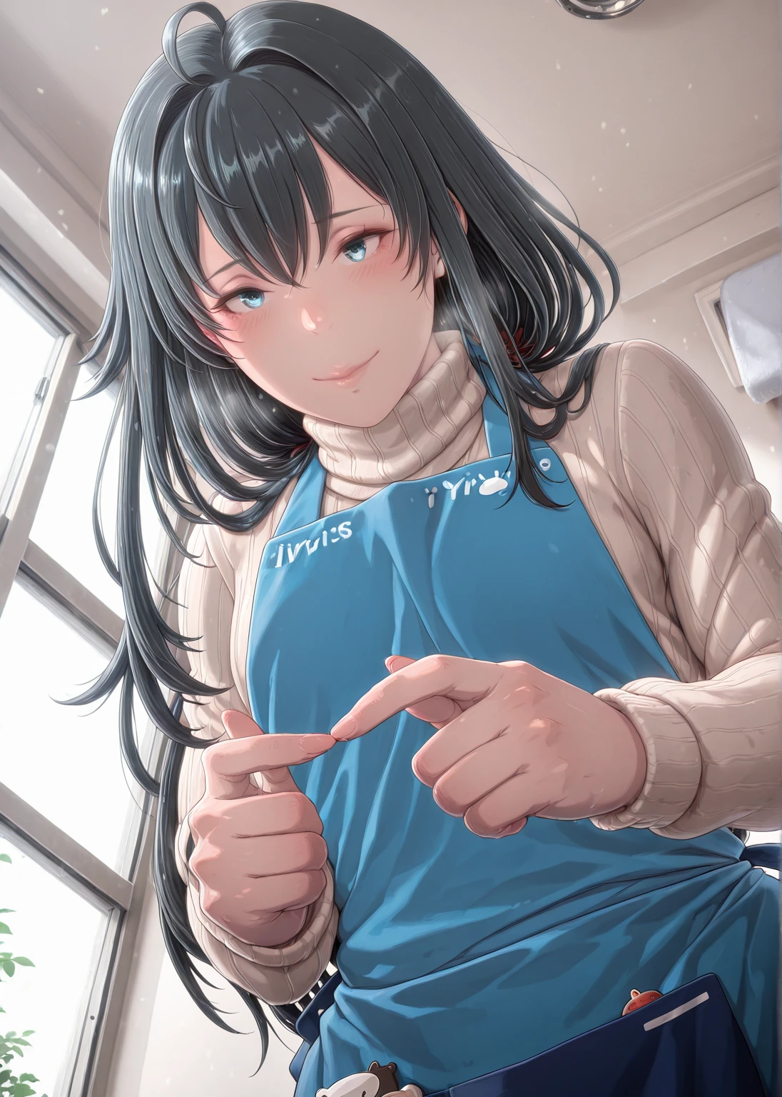Ruberule, (anime coloring, anime screencap), shiny skin, (ivris-style:1.8), (butcha-u-style:1.2), ((anatomical correct)), ((Cinematic, unreal engine, eye-catching, ambient occlusion, UHD, masterpiece)), ((perfect lighting, dappled sunlight, soft shadow)), perfect body, perfect eyes, perfect fingers, gasping, heavy breathing, gasping profusely, ((skindentation)), ((curvy)), yukino yukinoshita, black hair, blue eyes, long hair, ahoge, ((flat chest)), ((mature female)), plump, 1girl, solo, apron, hair_intakes, sweater, looking_at_viewer, smile, blue_apron, blush, closed mouth, from_below, towel, long_sleeves, indoors, breasts, ribbed_sweater, turtleneck_sweater, turtleneck, lips, window, upper_body, looking_down