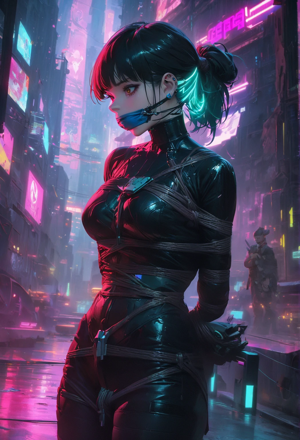 Anime girl,partial metallic cyberpunk demonic mask, demonic mouth mask, , beautiful detailed eyes, extremely detailed face, long eyelashes, cleavage, nsfw, cleavage,big breasts, dramatic belegant dark blue color scheme, cinematic lighting, dark moody atmosphere, highly detailed, 8k, photorealistic, masterpiece, staring at viewer