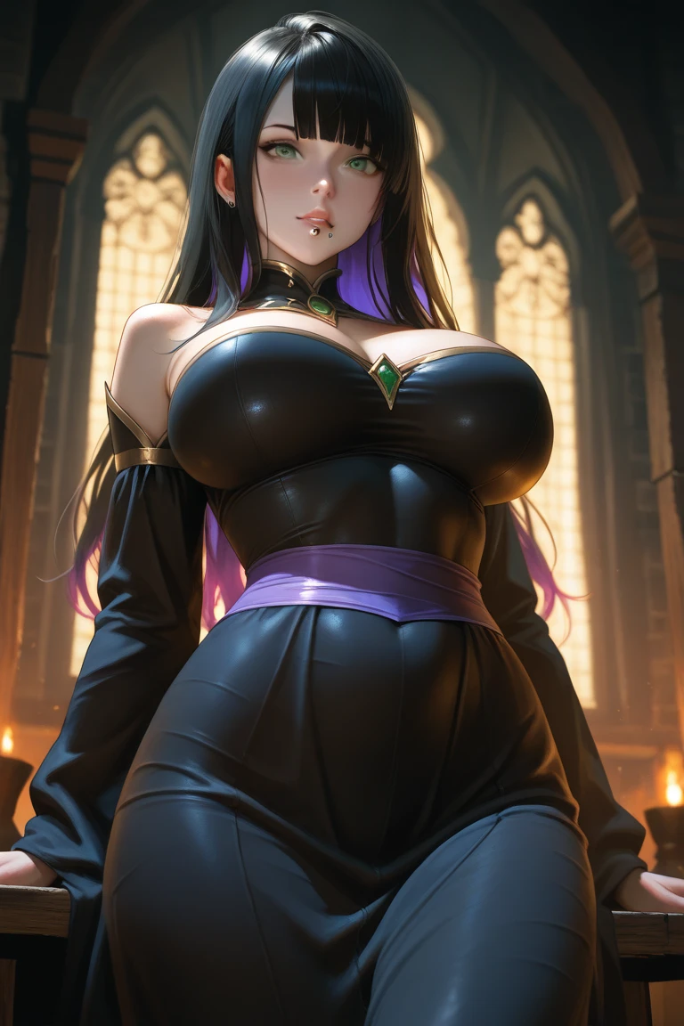 Long black hair,black coloured princess dress, massive sized boobs, lying on the garden, thigh legs,blue colour eyes, ultra realistic detailed shiny blue eyes, beautiful and perfect face, sunlight and garden background, Violet Evergarden's hairstyle, black hair, bright blue colour eyes