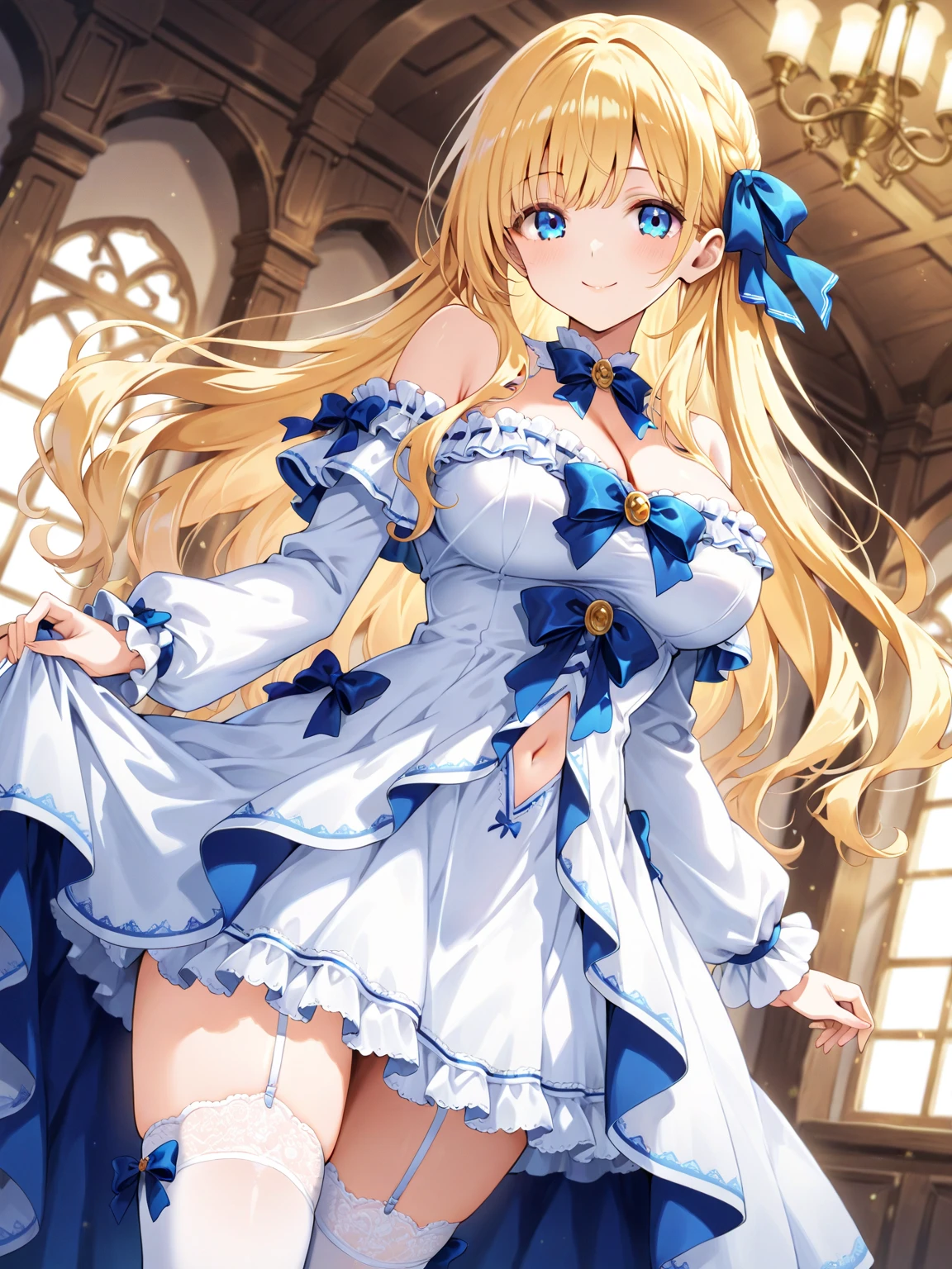 (32k), 1 girl, kawaii, blonde hair, long hair, (blue eyes), wide open eyes, eyelash, large breasts, tareme, (half closed eyes:0.7), muste piece, best quality, Super detailed, masterpiece,