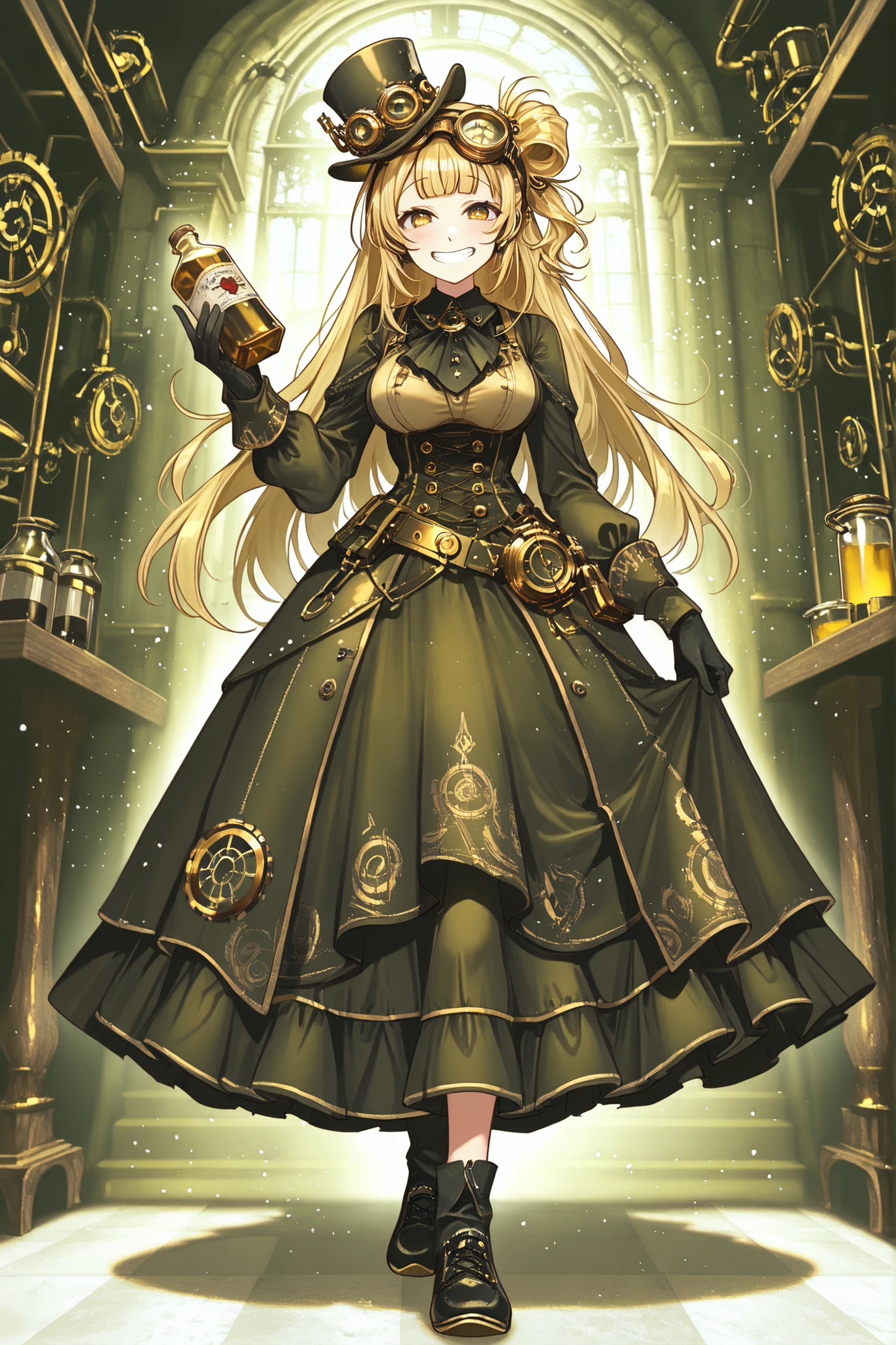 yellow half up hair,Steampunk dress,top hat,golden eyes,black shoes,black & yellow dress,alchemist,short bangs,smiling face,Hold a bottle of medicine in your hand,Put goggles on head,Best quality, black gloves,high resolution, masterpiece, 1 girl