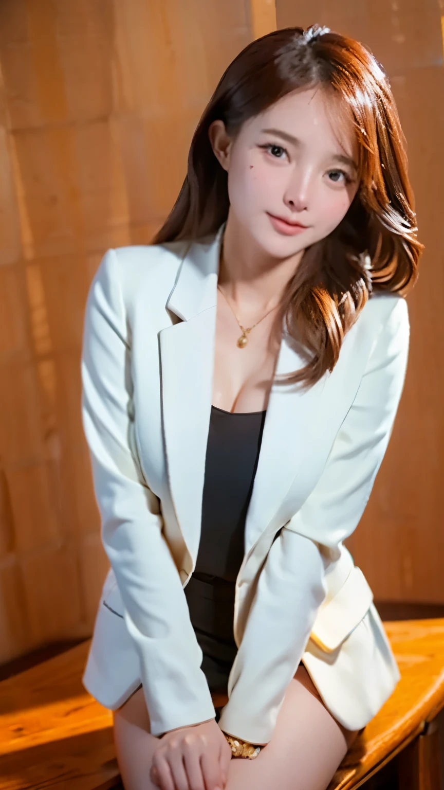 (masterpiece, best quality), professional photography, 8k, ultra-detailed, sharp focus, a confident woman wearing professional attire, sitting on a wooden chair in a photography studio, soft studio lighting, elegant posture, neutral background, realistic skin texture, natural makeup, business suit, blazer and blouse, polished look, subtle smile, cinematic lighting, shallow depth of field
