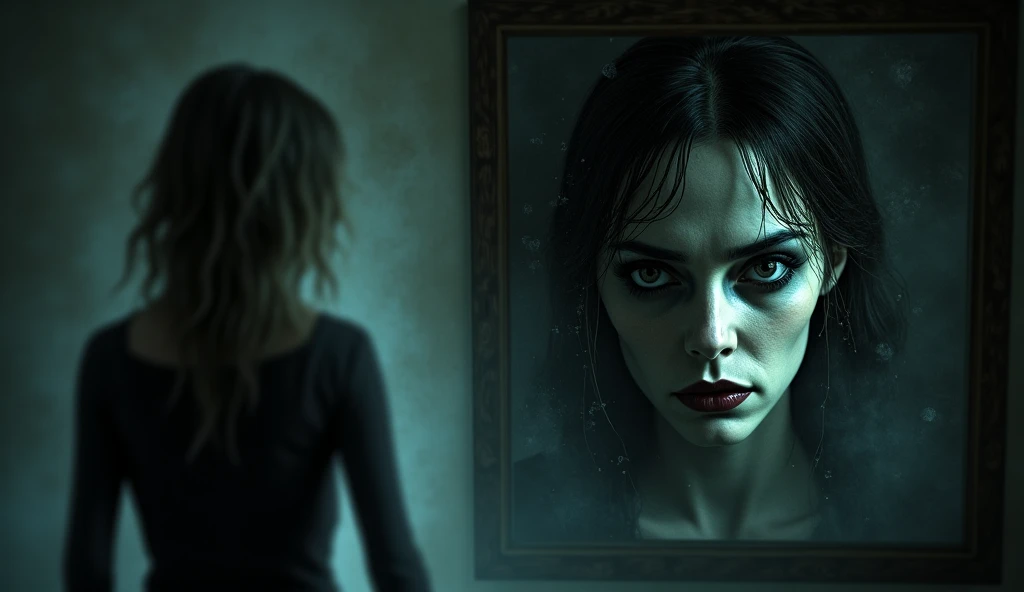 a cover for my book, that it is mysterious and terrifying, in an old town, where is a girl with black hair, who has a brush and is looking at a painting, The painting has to be what draws the most attention, It must be terrifying, and the girl looks at him with an enigmatic face