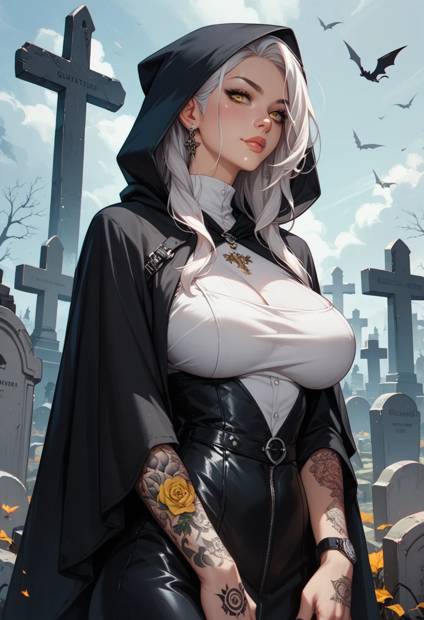Perfect face, perfect hands. A young silver haired female cowboy with green eyes and an hourglass figure in a conservative and Gothic cowgirl outfit is smiling in the cemetery of a wild west town