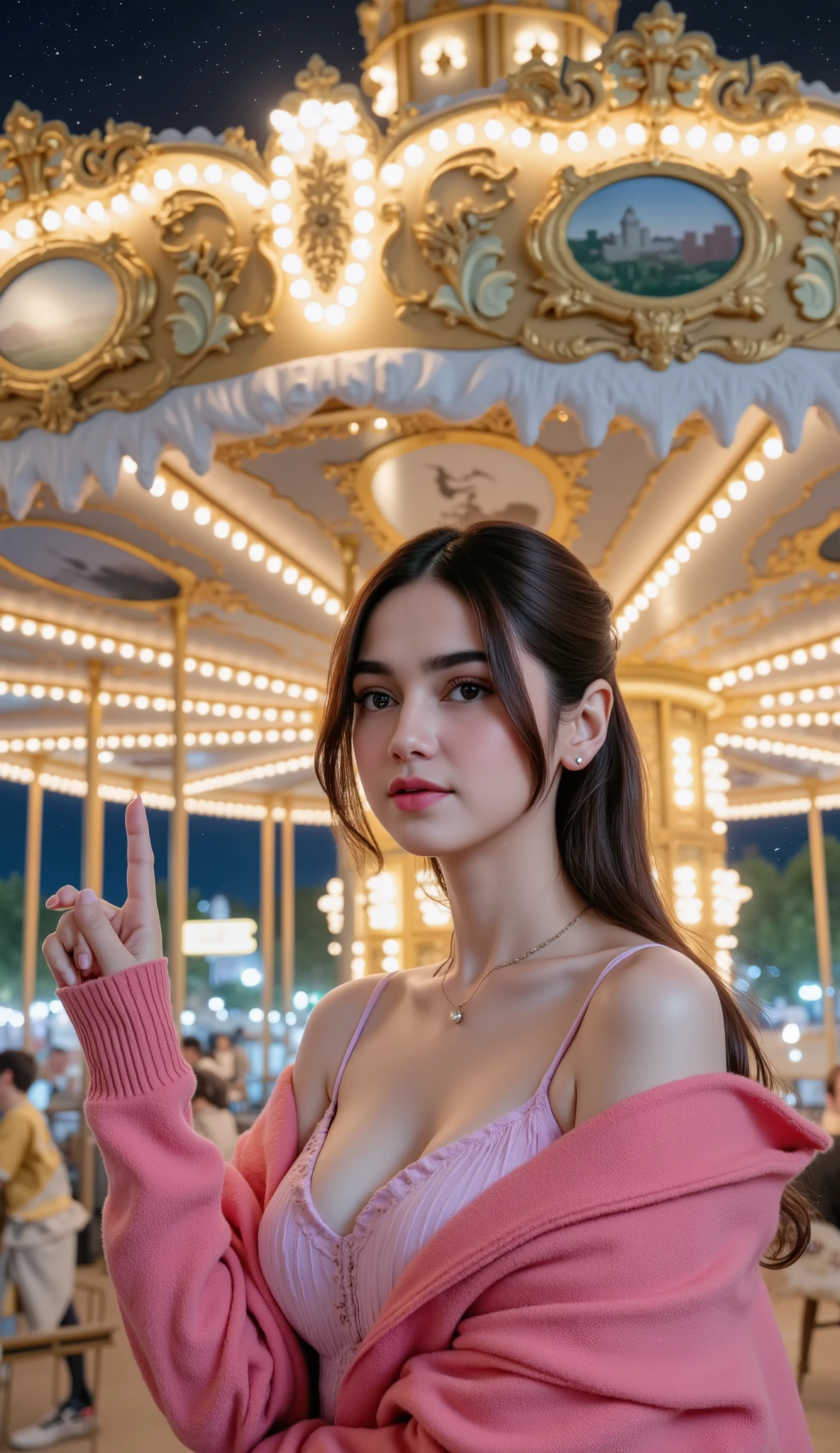 A beautifully detailed carousel in an amusement park at night during winter. The carousel is adorned with intricate golden patterns and elegant carvings of mythical creatures like unicorns and winged horses. Its roof is illuminated by soft, warm lights, and each panel displays hand-painted scenes of dreamy landscapes and starry skies. The ride's poles glisten with frost, and the rotating platform is surrounded by gently glowing lanterns. Snowflakes drift softly through the air, adding a magical shimmer to the scene.
In front of this enchanting carousel, an East-Asian woman stands confidently. She is smiling warmly, tilting her head slightly, and holding up one finger. Her stylish winter attire includes a vibrant pink cape, paired with elegant layers of clothing. Her long hair, styled with choppy bangs, frames her face beautifully. The softly falling snow enhances the serene and dreamlike atmosphere, while the amusement park lights in the background add depth and vibrancy to the composition.