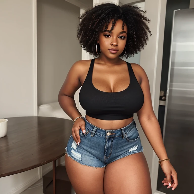 In a hyper realistic vibrant image of a curvy African American woman finding peace in her garden-like studio, doing a yoga pose. Her studio has urban artwork around her. the room has bursting flowers and plants and candles. She is in a healing mind state. She has long curly kinky hair, with voluptuous full lips. outside her studio, through the window it's futuristic, neon lights and chaotic.