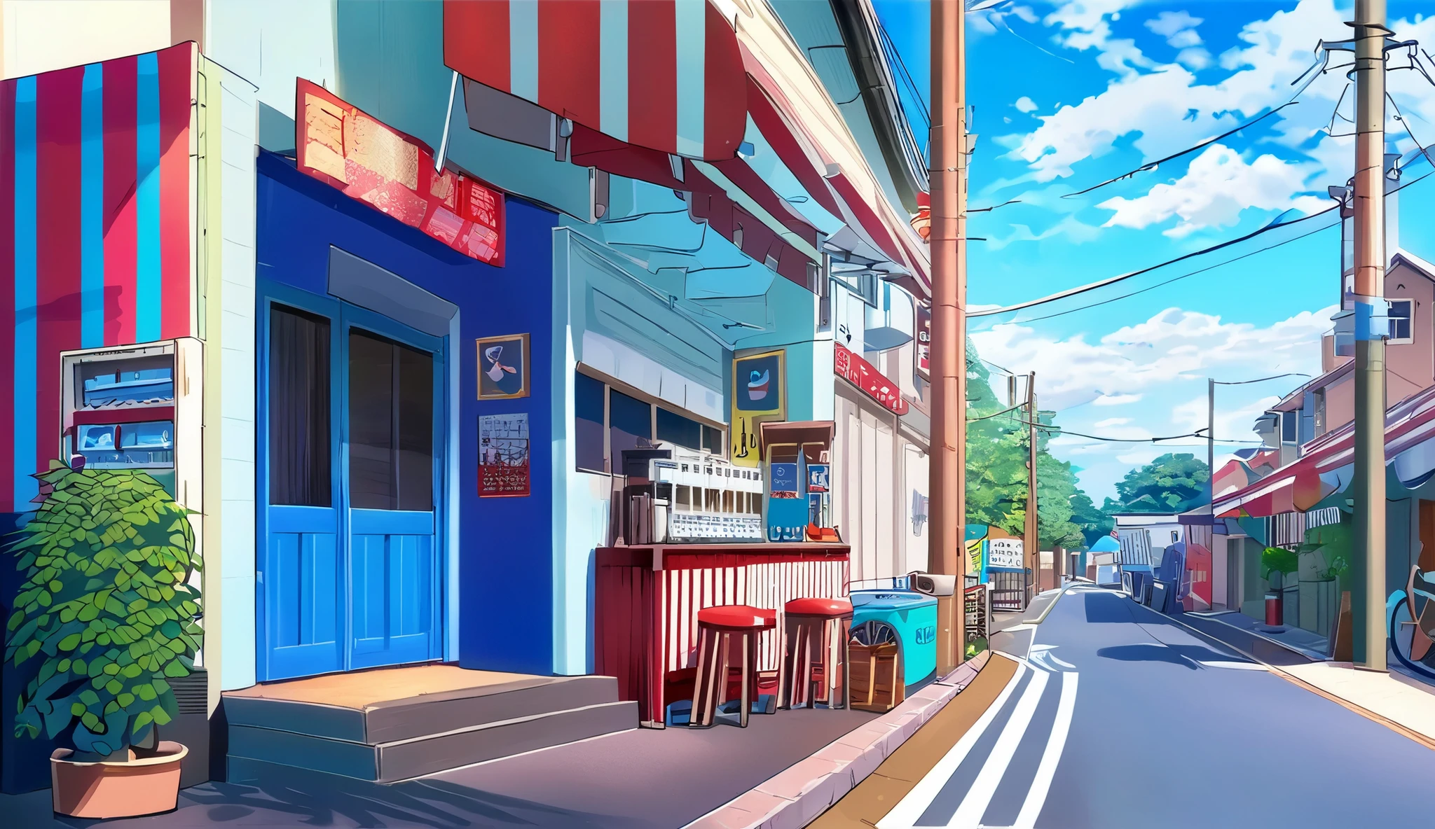Vivid anime-style street scene in a Japanese suburb, featuring a small wooden ramen or yakitori shop with a striped awning, vending machines filled with colorful drinks, potted plants, a red bicycle, and electric poles with wires. Bright sunny day with blue sky and fluffy clouds, detailed textures, realistic lighting, warm cozy vibe, no people, Studio Ghibli or Makoto Shinkai-inspired background.