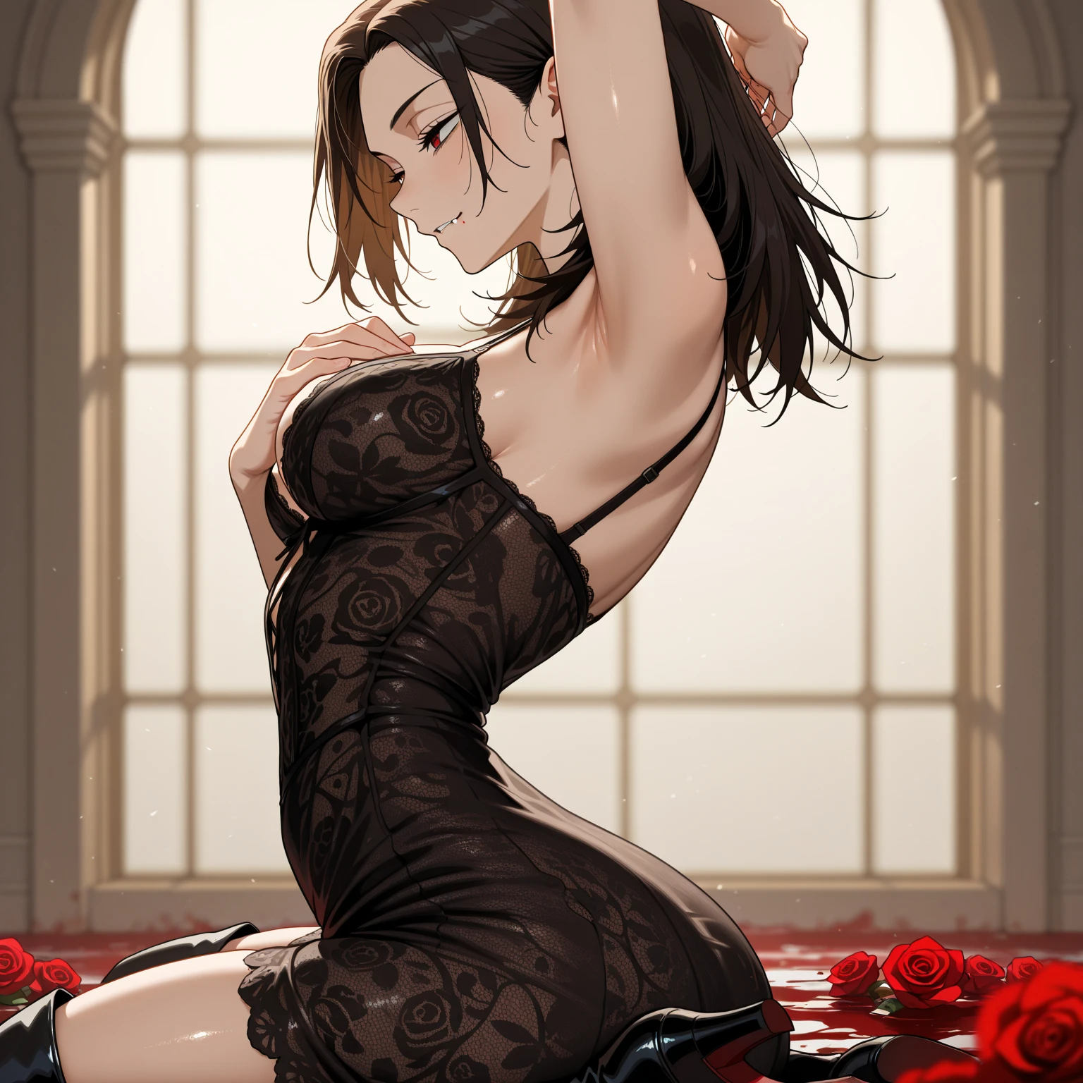 sam yang, 1girll, back, Bare shoulders and back, 黑The eye, dark circles, brown hair, 耳Nipple Ring, jewely,black dressed evening dress, cparted lips, long whitr hair, looking at viewert, back to look back, choker necklace, cropped shoulders, Lips half open, sportrait, daysies, depth of fields, 独奏, ((tmasterpiece))