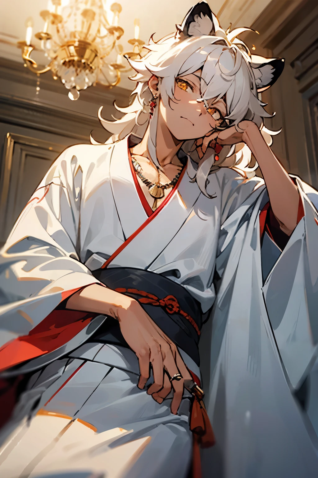 ((best quality)), ((masterpiece)), (detailed), 1man, tan skin, white hair, long hair, fluffy hair, messy hair, half-lidded eyes, amber eyes, slit pupils, white tiger ears, white tiger tail, loose kimono, jewellery, chandelier earrings, necklace, rings, relaxed expression, lazy expression, head tilted to one side, resting head on hand, looking at viewer, from below, indoors, light background
