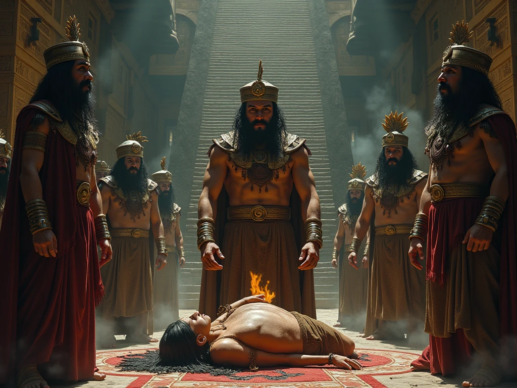 "A dark, ominous palace room where the evil king Kansa stands in anger, surrounded by guards. His sister Devaki and her husband Vasudev are seen in chains, imprisoned in a dimly lit cell. Devaki looks sorrowful yet calm, while Vasudev holds her hand in comfort. The atmosphere is tense, with the prophecy of the eighth child echoing in the air, and Kansa's fear and fury are visible on his face."