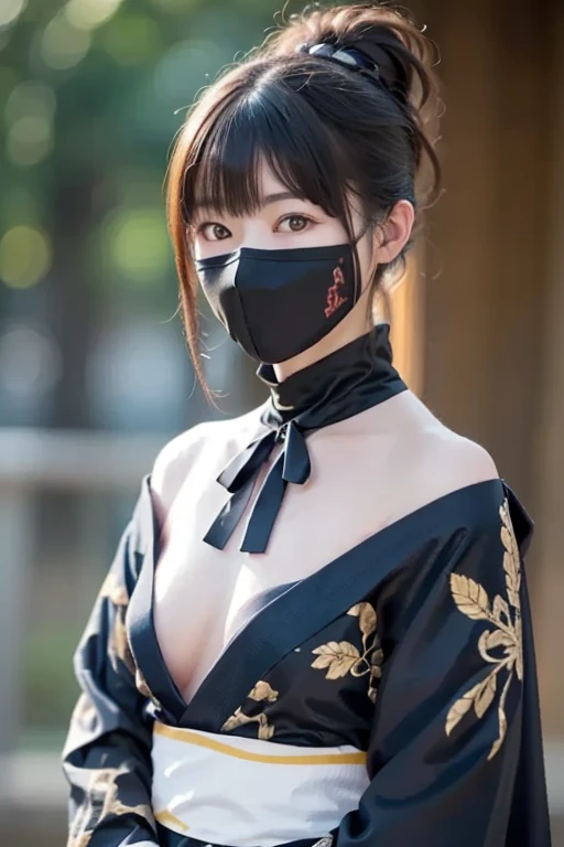 (high quality photo, ultra realistic, 8k, Seductive portrait of (the thousandth), mortal kombat), close up photography, portrait, (the thousandth wearing demon mask), super beautiful with angry expression, bright pink eyes, photo taken close up, normal hands, detailed fingers, Masterpiece, (realistic 8k, photorealistic: 1.37), detailed realistic, 1 girl, super straight shoulder length short hair: 1 .5, black fur: 1.2, ojos rbright Eyes: 1.5, bright Eyes, ((the thousandth from Deadly Game kombat)), ninja wearing demon mask, Weapons, kimono, dress, Purple Warrior Micro Swimsuit, ((mortal kombat)), big and long breasts, Fighting stance with legs spread, flexible body, curved body, serene look, Temple, meditation, Apocalyptic, (ninja mask), eyes to the sky, demon mask, reflection, (photo background: shows clear officer, officer, Cherry Blossom), perfect hands, she uses sai Weapons in her hands, sexy ninja hot body,