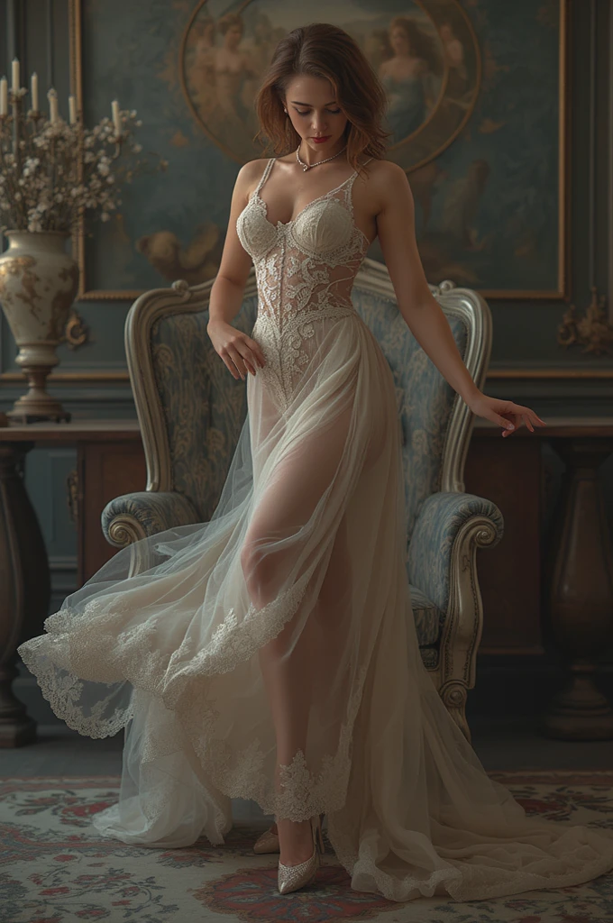 A beautiful woman with fair skin and long hair wearing a luxurious dress with lots of calf muscles on her long legs, thin body wearing sneakers, sitting on a chair.