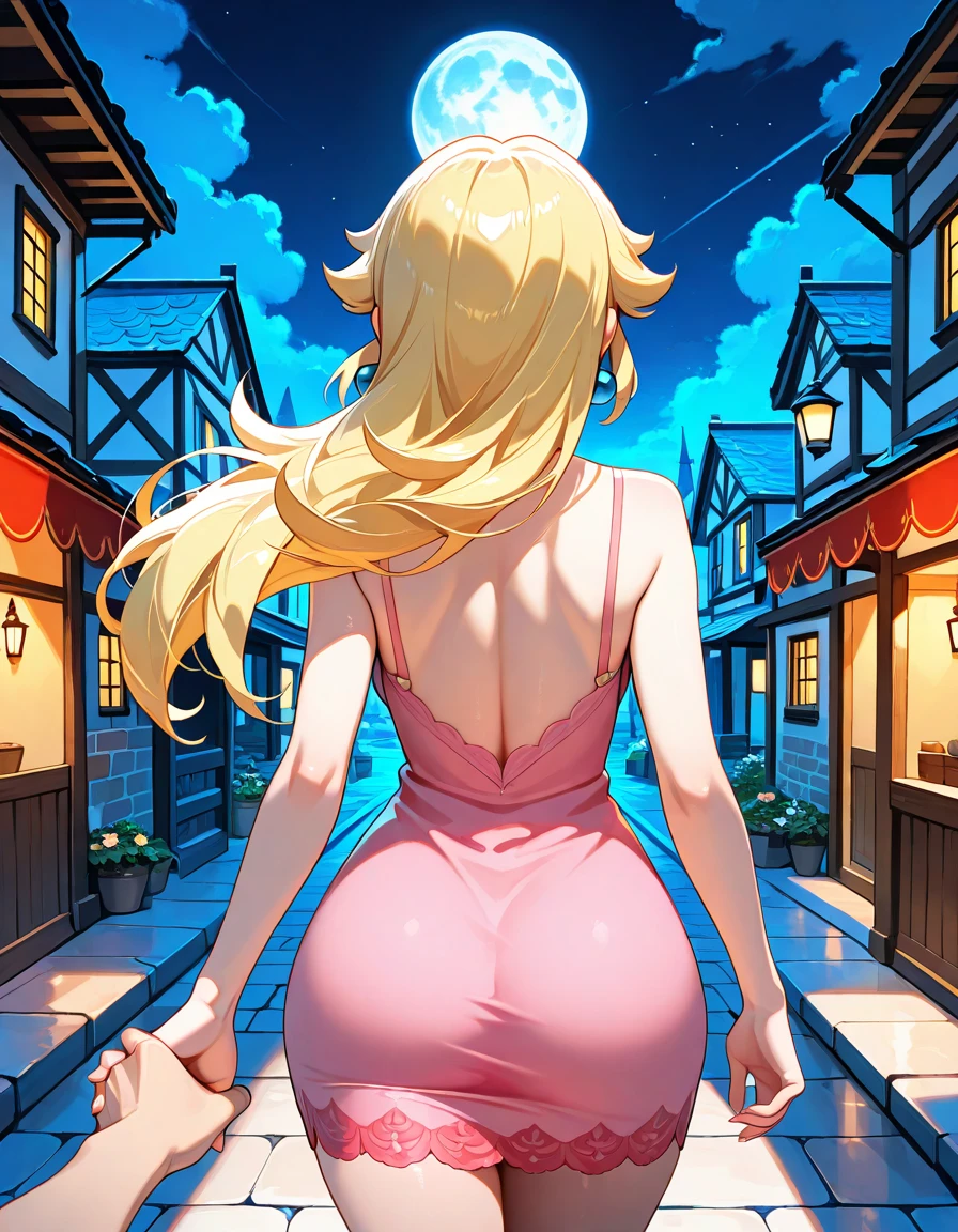 ((1girl)), ((alone)),Yukana Yame, ((extremely detailed CG unity 4k wallpaper)), (masterpiece), (ultra quality), (ultra detailed), (best illustration), (best shadow), (extremely detailed), looking at viewer, (absurdities), (detailed background), curvy body, dynamic pose, cowboy photo, large breasts, medium waist, wide hips, wide thighs, round butt,((jewelry , alone, blonde hair, ring, sweater, smile, green eyes, bag, bare shoulders, necklace, heart, heart necklace, off-the-shoulder sweater, blush, ponytail, multi-colored hair, long hair, bag, hair between eyes, cleavage, big breasts, bare shoulders, closed mouth, dress, faded hair, collarbone, bangs, white sweater, wedding ring, long sleeves, high ponytail )),smile, mouth closed)), standing, cowboy photo, backlight, ((solo)), ((standing: 1.4, exterior, cityscape, streets, night, city lights, (seductive expression, blushing, sexy, closed mouth, sexy pose), looking back, from behind, ((focus on ass), point of view: (from below), perfect anatomy, perfect hands,