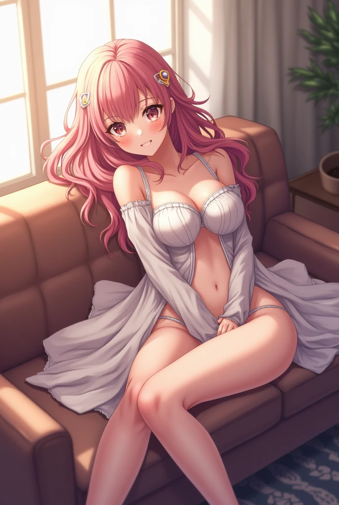 (top-quality,High resolution,(Ultra high definition,4K), (超A high resolution,in 8K),masutepiece:1.2), (Angle from below), (Perfect Anatomy,Anatomically accurate), (Soft lighting, 光线追踪), (((Open legs sitting on a sofa in the lobby of a luxury hotel))), (cute school girl), Black spats, (cute nightgown), Cute panties, (Crisp double eyelids), (fascinated expression),(Large breasts:1.3),(Soft skin), (Photorealistic), (Wheat colored skin), (colourful hair)
