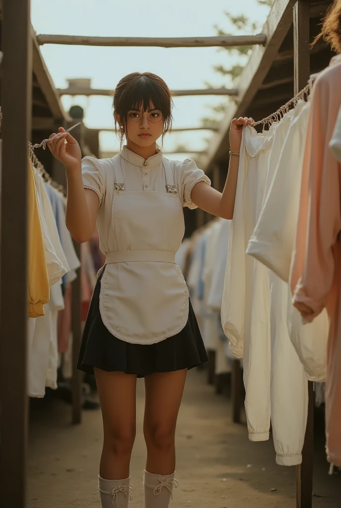 ((Highest Quality、masterpiece、high sensitivity、high resolution、detailed depiction、Delicate face、Ｆvalue：6.0),((Slender Woman、wearing glasses)),Maid Outfit、apron skirt、high socks with ribbons、Dry the washed clothes、