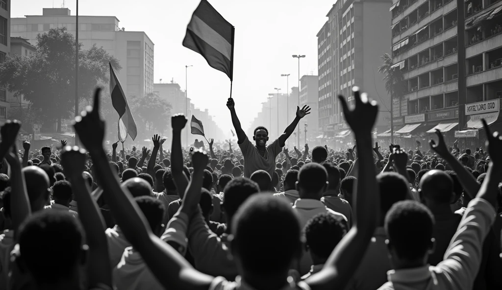 Prompt 1: An old photograph capturing a massive protest in the streets of Tehran in 1978. Thousands of Iranian people, men and women, fill the streets, raising fists and banners against the Shah's regime. The women are wearing hijabs, their expressions fierce and determined. The scene is chaotic, with police in riot gear attempting to control the crowd, and tear gas smoke lingering in the air. The image is slightly grainy, reflecting the quality of the cameras used at the time, adding to the historical authenticity , back camera angel , people are gathered at Azadi square  in old tehran