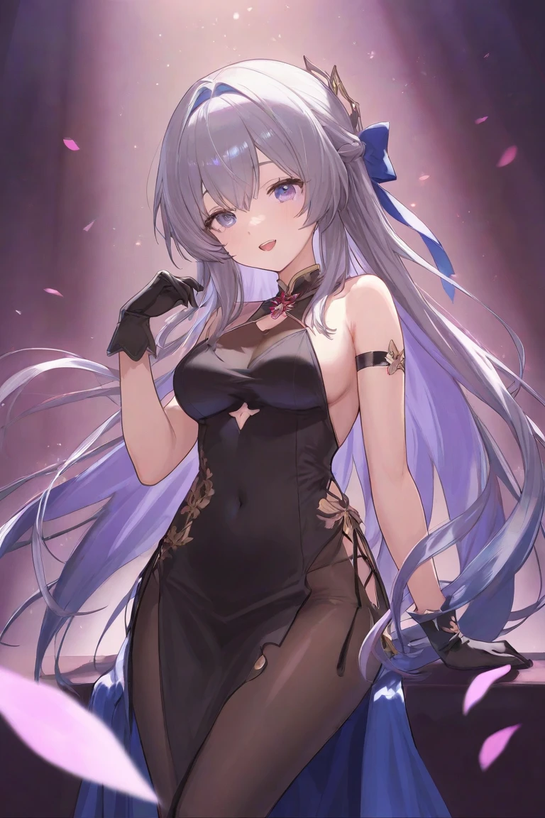 Anime girl with long straight silver hair, blue and purple gradient eyes,elegant dress, detailed body, detailed eyes, masterpiece, best quality, aesthetic, standard pose