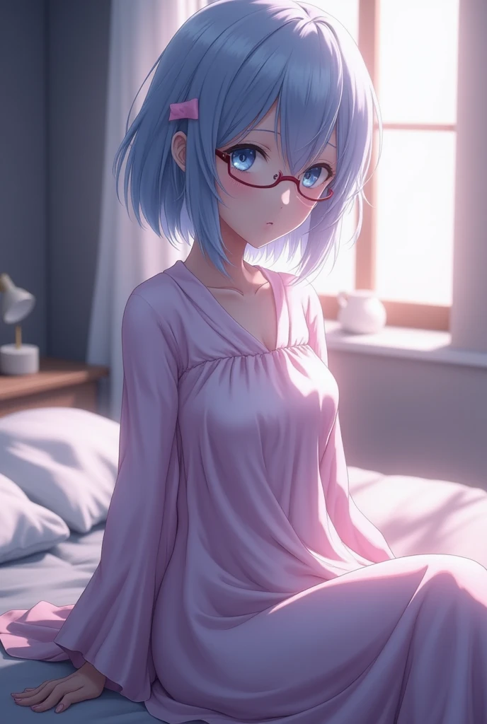 (looking aboveforward view:1.3), solo, JK,16years old, gray color braids, big forehead, rem glasses,sexy eyeliner, beige color nightgown, collarbone, blush, (shiny rainbow color see-through), shiny rainbow color lace trimming, closed eyes smile,embarrassed and happy expression, (I'm the main character:1.2), quietly, indoors, bedroom, bed, kneeling on bed, theater lights,