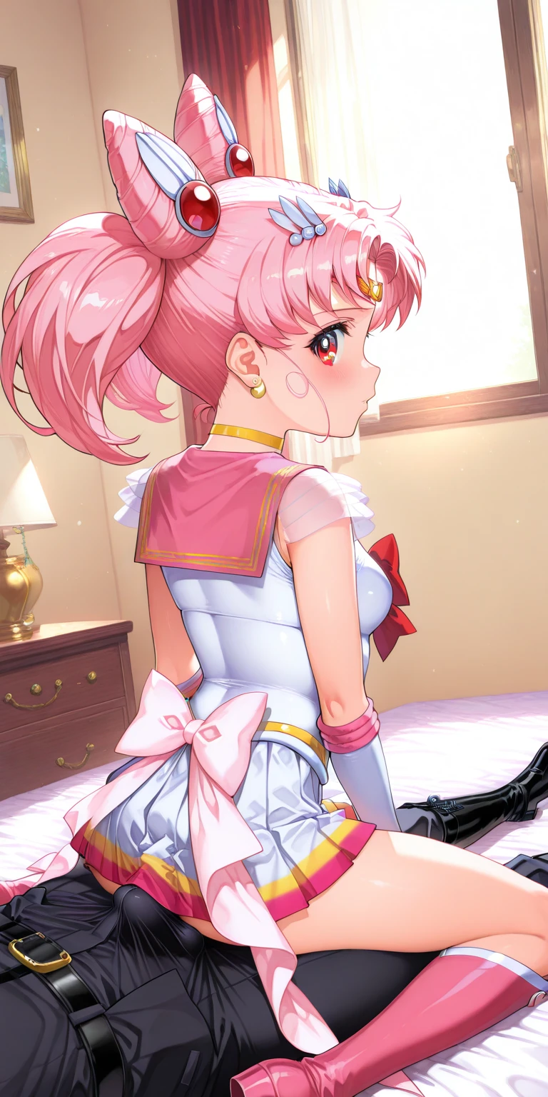 obra maestra, Mejor calidad, absurdos, perfect anatomy, 1 chica, Solo, SMMoon, 1990s \(Estilo\), Sailor Chibi Luna Cabello Rosa, pupilas rosadas ojos, subir las escaleras, de cerca, Sonrisa, tiro de vaquero, Uniforme Sailor Senshi Rosa, Collar marinero rosa, falda plisada rosa, guantes de codo, en postura de espalda, Show off your loot, backward, No hay tanga en un gran trasero, cuerpo completo, aausagi, de cerca booty (falda levantada por el viento, Exponiendo su)