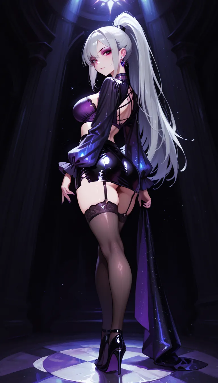 A bewitching giantess, dressed in a tight black dress, with long white hair and glowing purple eyes, strides through a magical fairy tale forest. Her powerful legs crush enchanted trees and magical creatures underfoot. She gazes at the tiny humans below with a look of disdain, her voice filled with mocking laughter. Her voluptuous figure exudes an aura of raw power and ethereal sensuality, every movement causing the ground to tremble. Giantess, Goddess, sexy legs, heels, hot, curvy body, mommy issues, small town, small people, tiny people, macrophilia, perspective from below, high quality, almost naked, mature woman, fairy tale.
