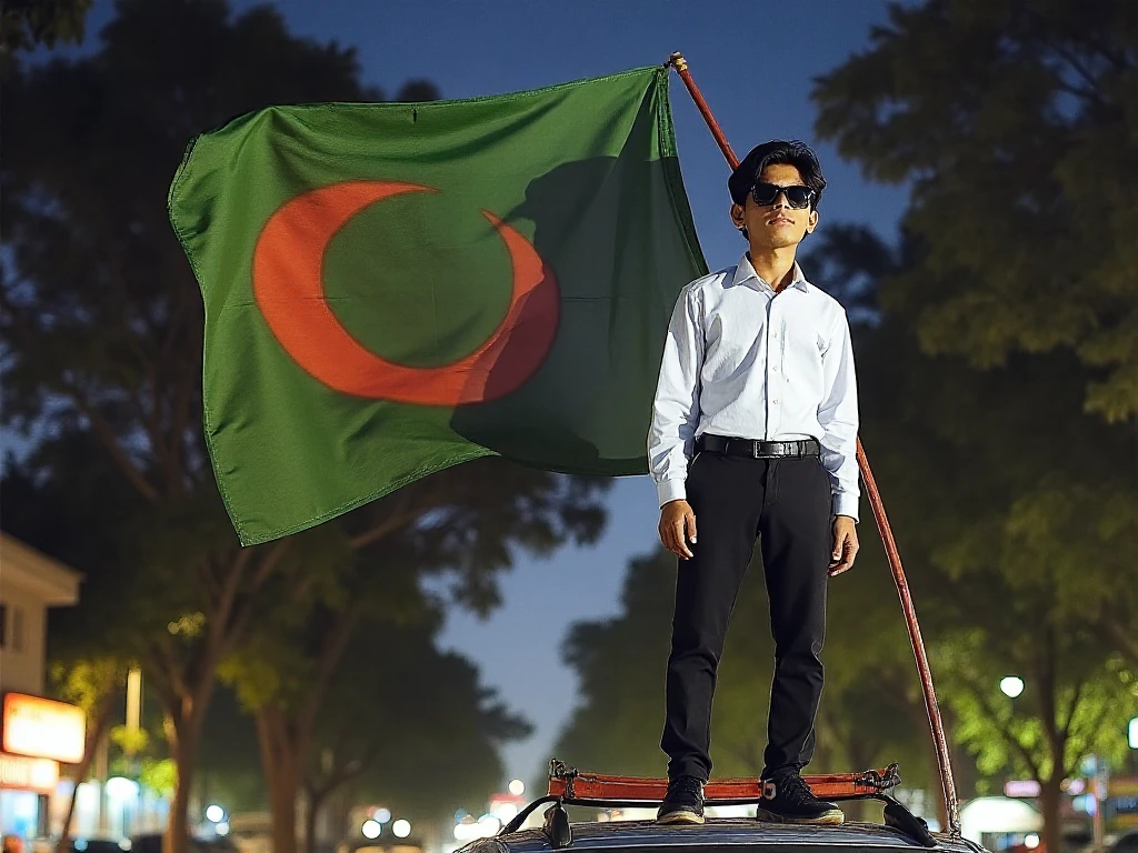 Create an Real image featuring asitting on the hood of a white and green truck,with Bangladesh's scenic background. He's holding a flag celebrating Bangladesh's 01. November The boy wears a green T-shirt with 'Faruk' printed on it, white jacket, white pants, green shoes and sunglasses."