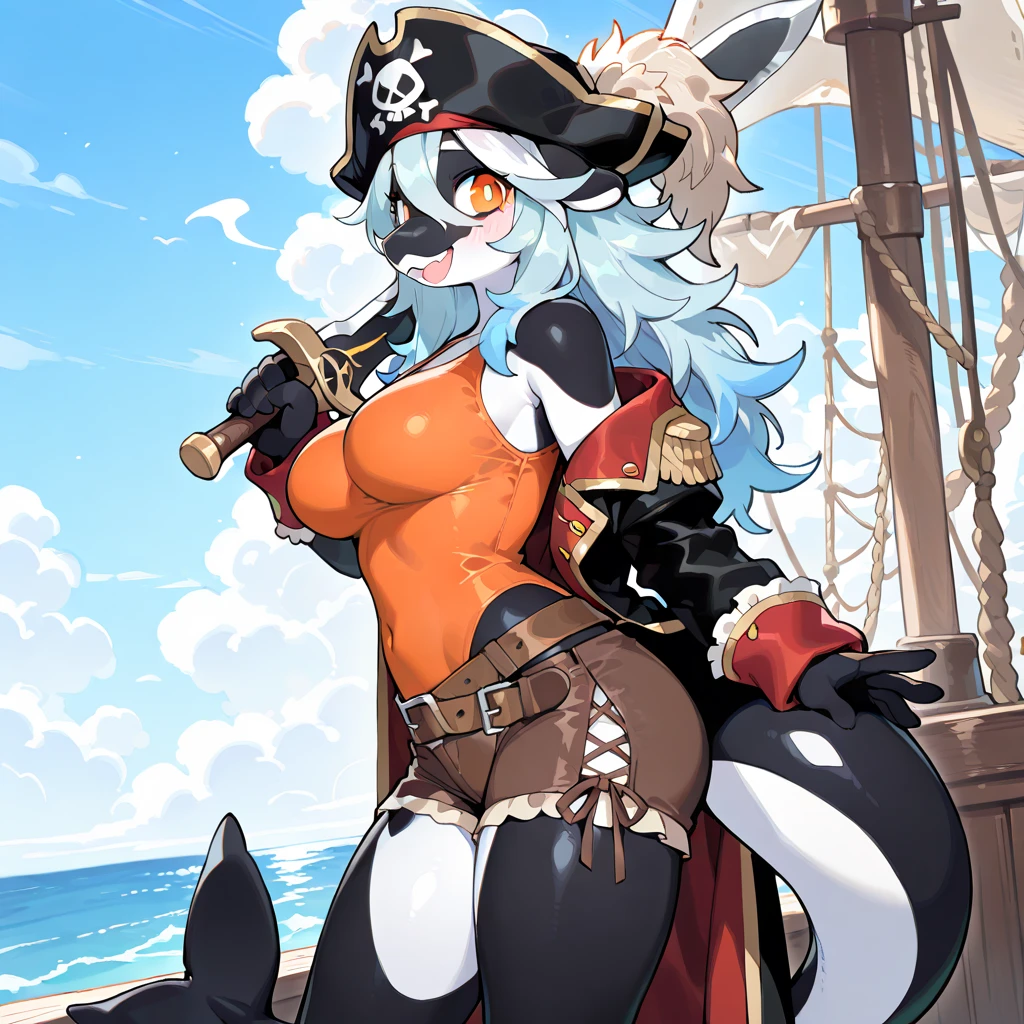top quality, best quality, High-quality illustrations, masterpiece, super high resolution, detailed background, Hospitals with power outages, Spooky creatures, Pirate Ship, a pirate, 1girl, absurdres(highly detailed beautiful face and eyes)perfect anatomy, expression, good lighting, cinematic shadow(kemono, furry anthro),
