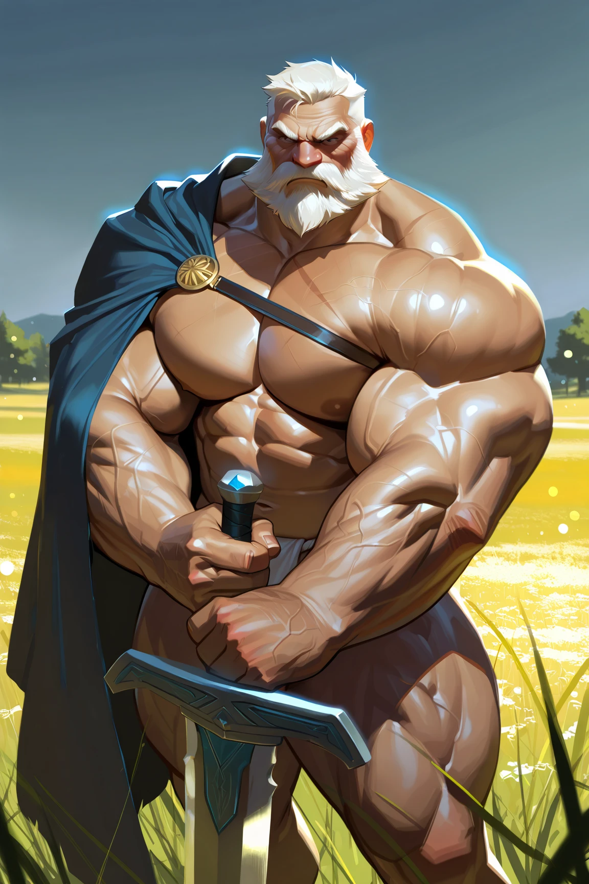 An oil painting of Zeus, god of Olympus, handsome, long straight nose, white beard, robust, sinewy muscles, shirtless, holding a thunderbolt, smiling, mount Olympus in background