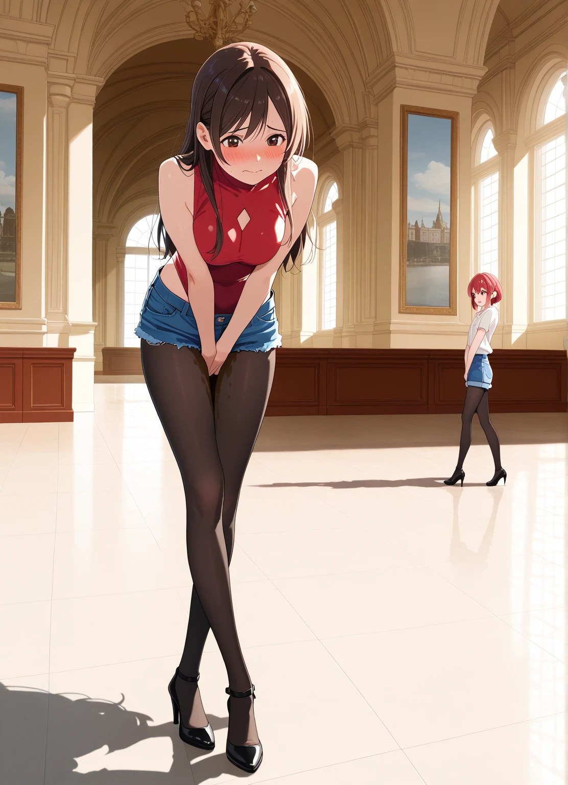 Nami, Nami One Piece, 1girl, solo, shy expression, blushing, pink cheongsam, white pantyhose, high heels, red soles, looking up from a low angle, the character leans forward and looks down, which increases the dynamic of the picture, girl Body leaning forward, right hand in front, left leg slightly bent, right leg straight, highlighting leg lines and details of high heels, leaning forward, low angle shot, camera on heel, top view, heel perspective, office environment, white background, high resolution High resolution, high detail, high brightness, complex shadows, textured textures, smooth transitions