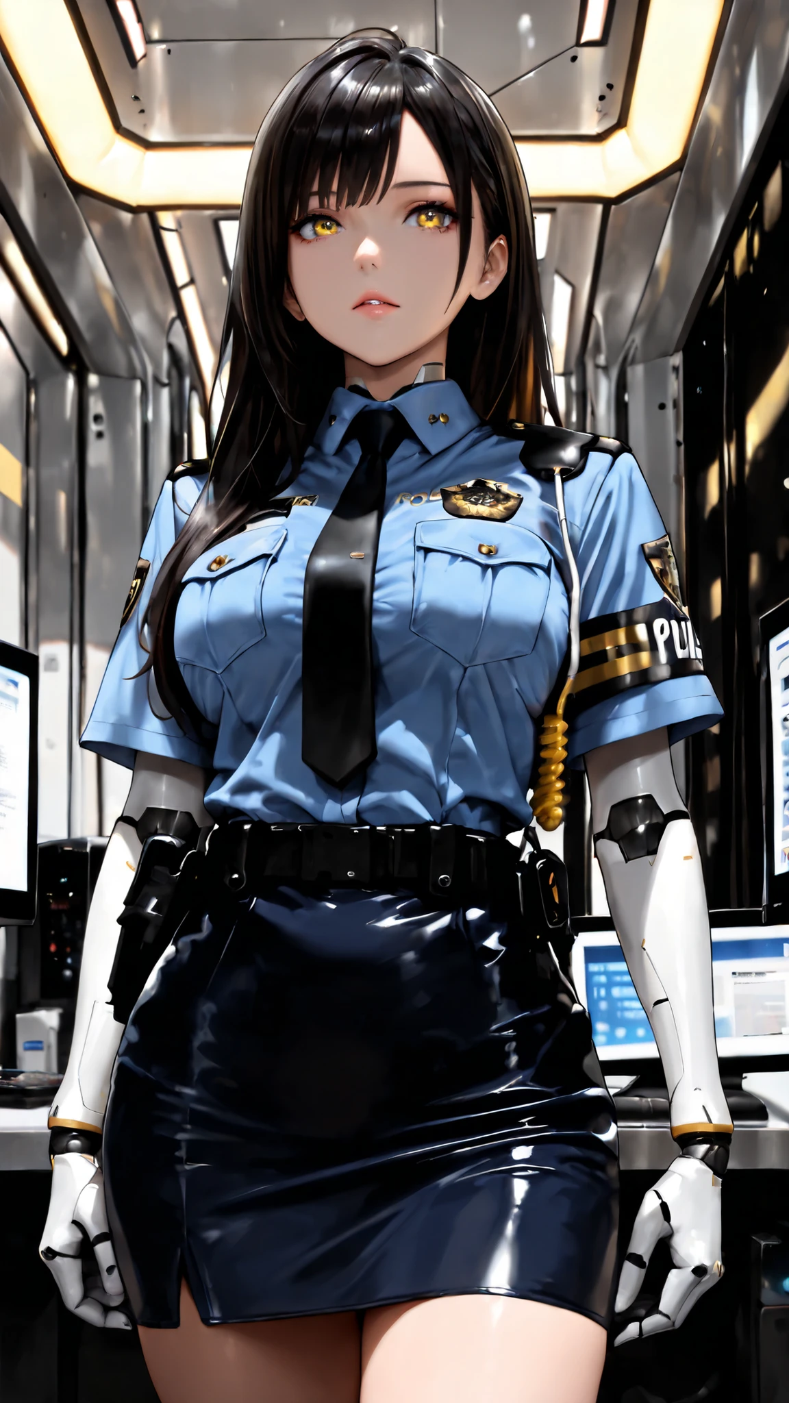 ((highest quality)),(ultra high resolution),(Super detailed),(detailed description),((best CG)),(best work of art),super precision art,amazing drawing art,(Sci-fi art with precise details:1.5), (1 female cyborg police officer:1.8),((mechanical:1.7)),(Mechanics detailed down to the finest detail:1.8),cylinder:1.5,glowing tube:1.4,clear parts:1.6