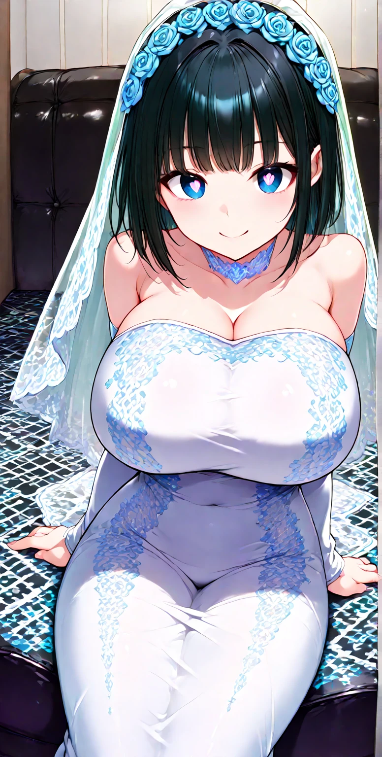 （highest quality、Highest quality、POV、4K,One Woman、Close-up on chest、honeymoon、First Night、virgin、((((A face waiting for a kiss、Reaching out、Close ~ eyes))))、Very popular gravure model、Beautiful woman with super huge saggy breasts and saggy buttocks、Wearing makeup、Excessive sweating on the chest,Dreamy time）Very flashy(YUMI KATSURA Princess Wedding Dress、Wedding veil、tiara,garter belt）、(((She lies on the bed)))
