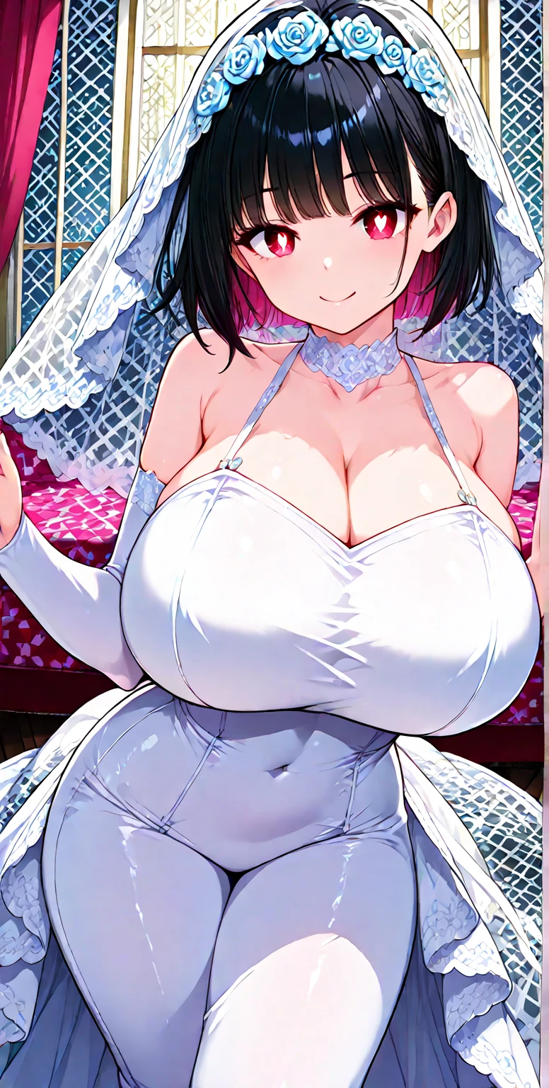 Taimanin Asagi、Asagi Igawa、Black Hair、Eyes are green、Long Hair、Huge breasts、Nipple piercing、Wedding dress、smile、skirt、Tucked up