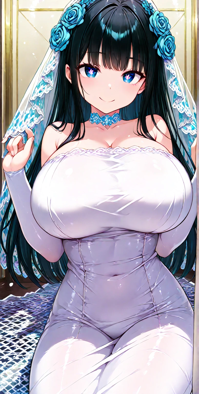 (((masterpiece:1.4, Best Quality:1.4, 8K, ultra high res, Physically Based Rendering))), Portrait, flat lighting, ultra Beautiful Sexy Woman, 20yo, (no makeup), (Detailed big eyes:1.1), detailed thin eyebrows, Highlights in the eyes, (navy long straight hair, A strong wind blows her hair up:1.2, bangs), Highly detailed facial and skin texture, Clear focus:1.2, Slender beauty:1.4, (((gigantic beautiful breasts:1.4, breasts exposed:1.4))), (((off shoulder ruffled wedding dress:1.8, Beautiful décolletage, sleeveless:1.4, glitter:1.1))), ((Hands tied above the head)):1.2, slim abs, narrow waist, slim and long beauty legs, ((no panties)), (dress lift:1.6), ((detailed beautiful pussy exposed:1.2, spread pussy:1.4, pubic hair:1.7)), ((wet skin:1.1, Cloudy semen flowing out of the pussy:1.6)), ((love juice)):1.2, (black stockings:1.2)), ((lie down on the bed, spread legs wide:1.9), ((Crying loudly:1.1, painful:1.1, tears:1.4, open mouth:1.4, Drooling:1.8, looking at viewer:1.1)), (((On a luxury hotel darkness bed))), Warm Lighting,
