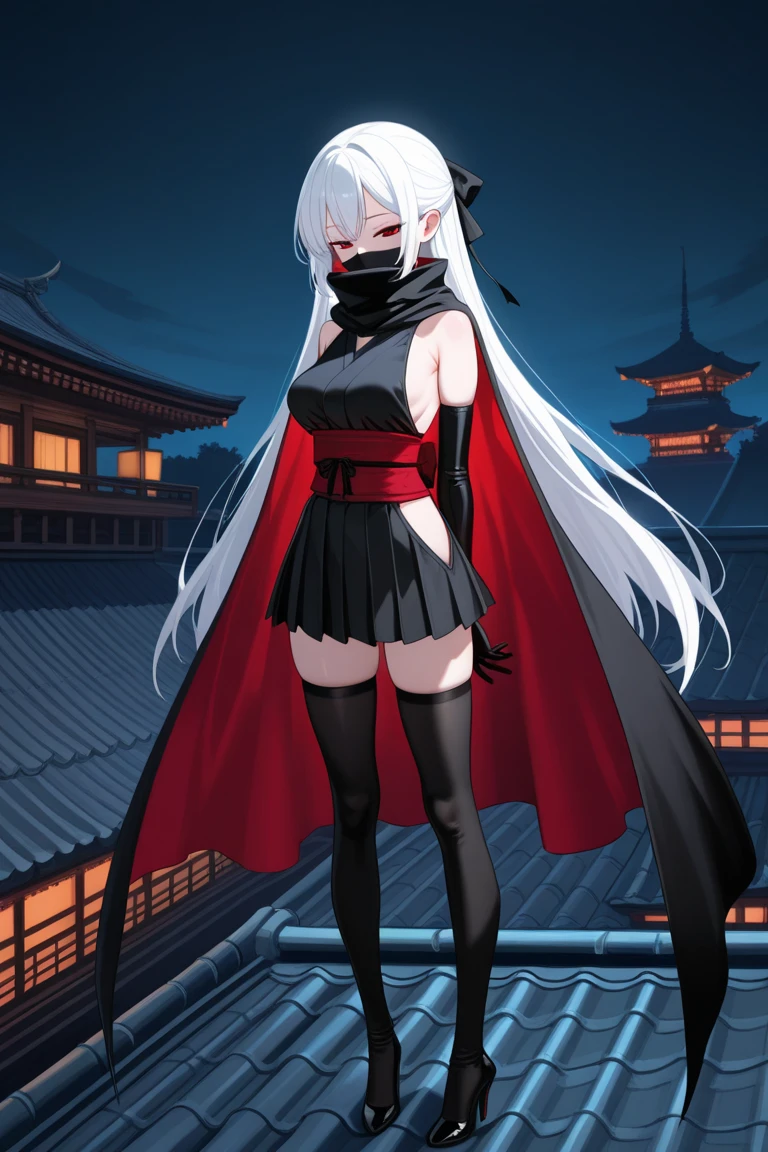 Anime Masterpiece, Highest Quality, Ultra-Detailed, High Contrast, 1 Woman (Solo, Full Body, Plus Size, Standing on the Edge of a Skyscraper, Silver Hair, Long Hair trailing like a horse's tail, Red Eyes, Perfect Eyes glowing like Rubies, Long Black Simple Kimono with Black Cybernetics featuring Neon Pink Accents), Black Transparent Stockings. (Skyscraper Roof, Overlooking a City, Detailed Background (Night Time, Darkness, Low Light Pollution)))