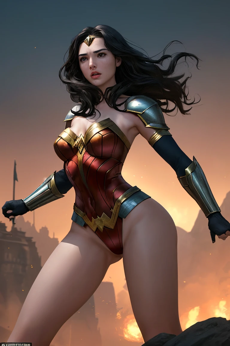 PhotoRealistic Art Style Best Qualit:1.3, Natural Beauty, Masterpiece, Full Body View Visible, Hailee Steinfeld, Perfectly Accurate Face Proportion,Realistic Light Hazel Brown Eyes, Thick Eyebrows, Brown hair, slim toned Thighs, tight ass, perky round breast , slim athletic body type, perfect body type, wonder woman, Poised for Action: In a slightly bent-knee stance, the tight suit accentuates Wonder Woman's buttocks and the curve of her lower back. Her readiness for action is highlighted by the form-fitting fabric clinging to her powerful frame.