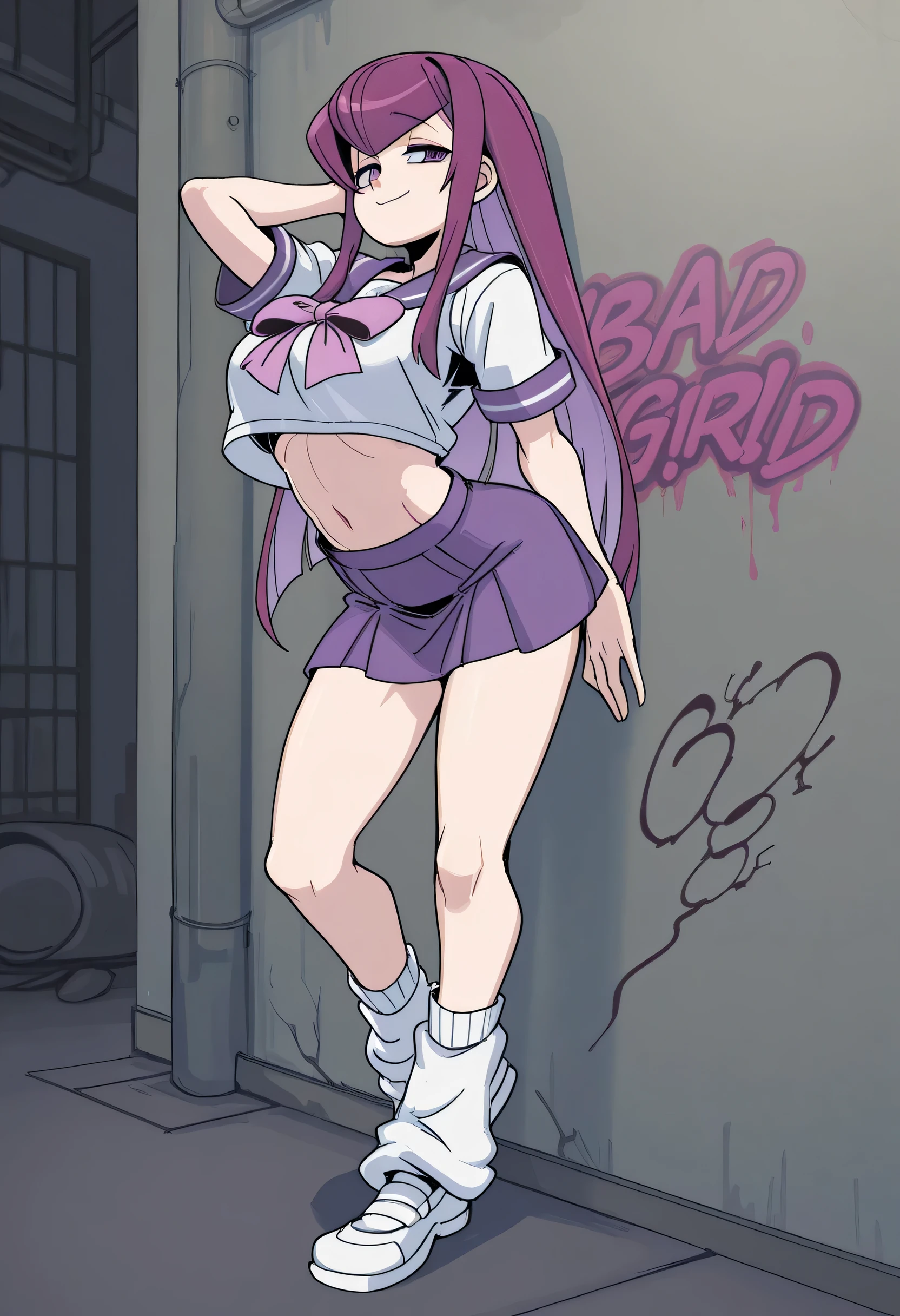 by 770mk, 1girl, mature, solo, smirk, long hair, bangs , straight hair, purple hair , pink highlights inner , purple eyes, purple sailor school uniform, navel , short skirt, long legs , big , arched back , hand behind head , loose socks, casual stance , shoes , lean against wall , alley background , graffiti (Bad Girl) word , full body, v3r1d1an,