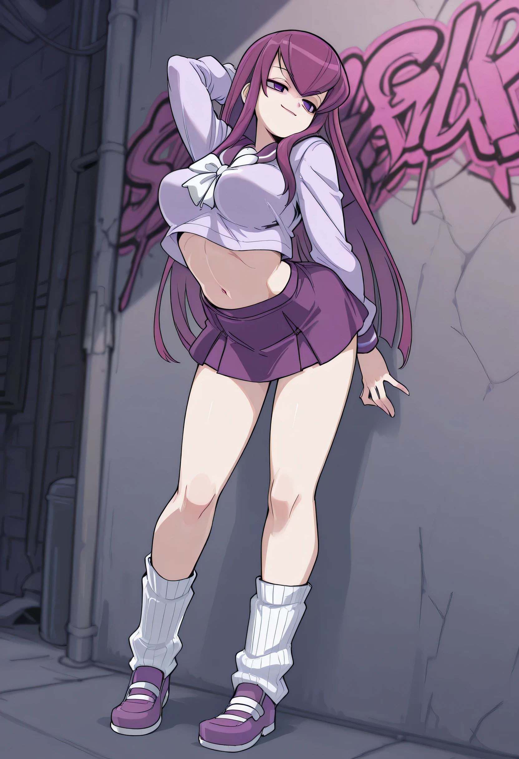 by 770mk, 1girl, mature, solo, smirk, long hair, bangs , straight hair, purple hair , pink highlights inner , purple eyes, purple sailor school uniform, navel , short skirt, long legs , big , arched back , hand behind head , loose socks, casual stance , shoes , lean against wall , alley background , graffiti (Bad Girl) word , full body, v3r1d1an,