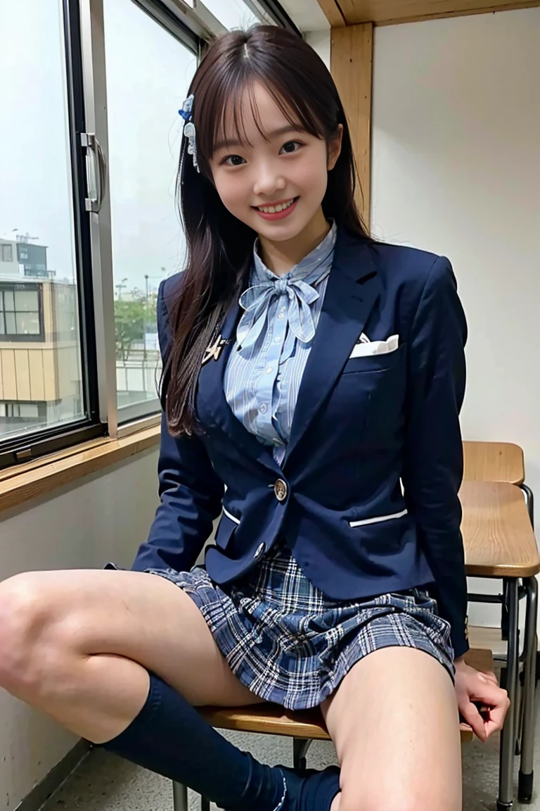 (8K), (highest quality: 1.2), (realistic), (realistic: 1.37), ultra high resolution, 1 girl, cute, smile, closed mouth, beautiful details, beautiful nose, silky hair, giant dulcefo, pork, thighs，Self snap,University Student Uniform,Sitting on a Tokyo train,simple blazer,pleated skirt,(The pattern of the skirt and tie is a tartan check pattern..:1.3), shiny legs 