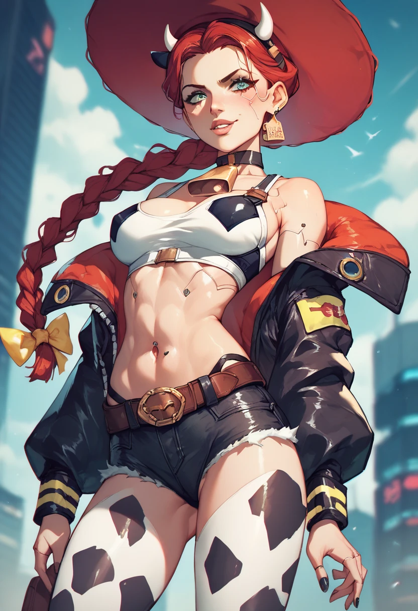 A SEXY GIRL IN A PROVOCATIVE POSE, CUTE SEMI-NAKED GIRL, GIRL WITHOUT BRA, NAKED TITS, GIRL IN THONG, SMALL THONG, THONG IN THE MIDDLE OF VAGINA, ((top-quality, 8K, masterpiece:1.3)), A detailed eye, (looking at from the front), Look at the camera, JewelryBonneyV2, half body shot, 1girl, solo, cute asian face, long hair, pink hair, hat, ((slim girl, small breasts, hyperdetailed lips)), red lips, (thighhighs, shorts, suspenders, boots, purple eyes), navel, midriff, crop top, belt, suspender shorts, complex detailed background