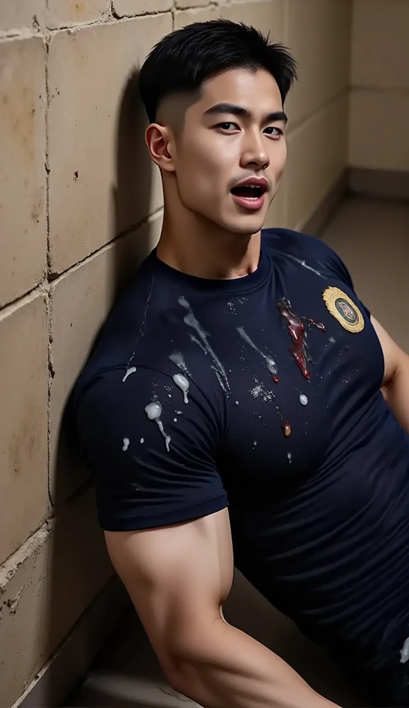 (NSTDA.:1.5), (masterpiece: 1.2),(Realistic:1.5),(Post Processing:1.3), (crisp focus:1.3),1 male police officer , Closed eyes, opened mouth, ( Blood spatter) ,(Wearing a torn navy blue round neck shirt with a police badge on it..) ,((Torn shirt)), ((Torn shirt)), ((Abrasions on the body..)), Short Hair Hair, korea ,facial hair, (High shadow detail),Pectoral muscles, Big arm muscles, blood vessel, Big muscles, Wide shoulders, Abrasions on the body.., Abrasions on the face, prison