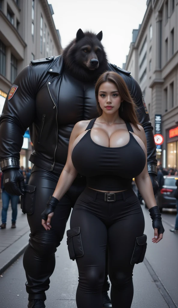 A strong man rides on a beautiful woman with open cleavage kneeling on the ground