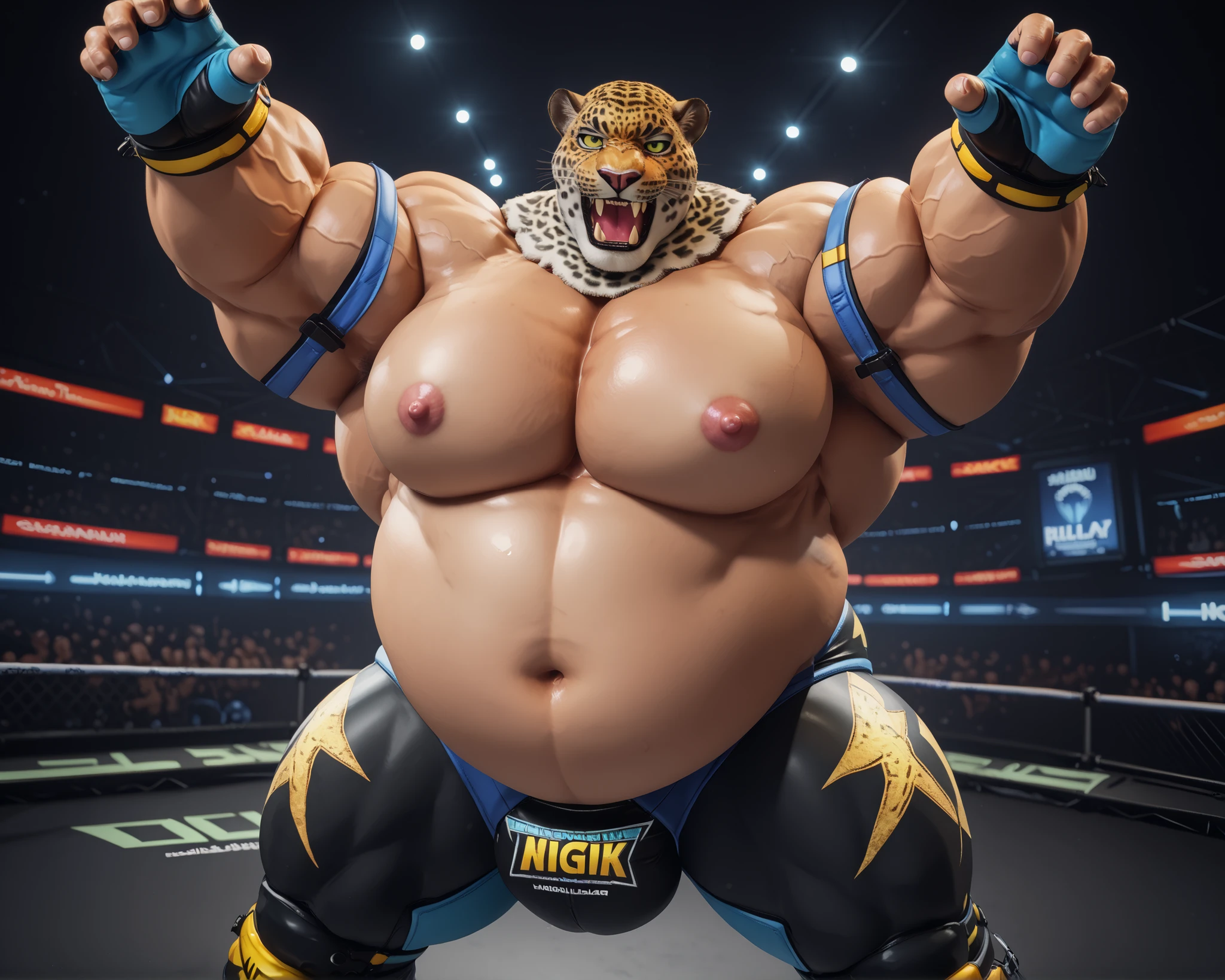 Super muscular adult boar beastman,(Wear a full uniform:1.7),Open your mouth and stick out your tongue,Surrounded by erect penises,(a large amount of semen on the face and body,:1.6),wrestling,(Deep Throat:1.3),(Nipple ring piercing:1.3),Cumshot from huge red and black erect penis,scrotum,(Masked:1.5),Brown fur,Black hair and beard,Handjob