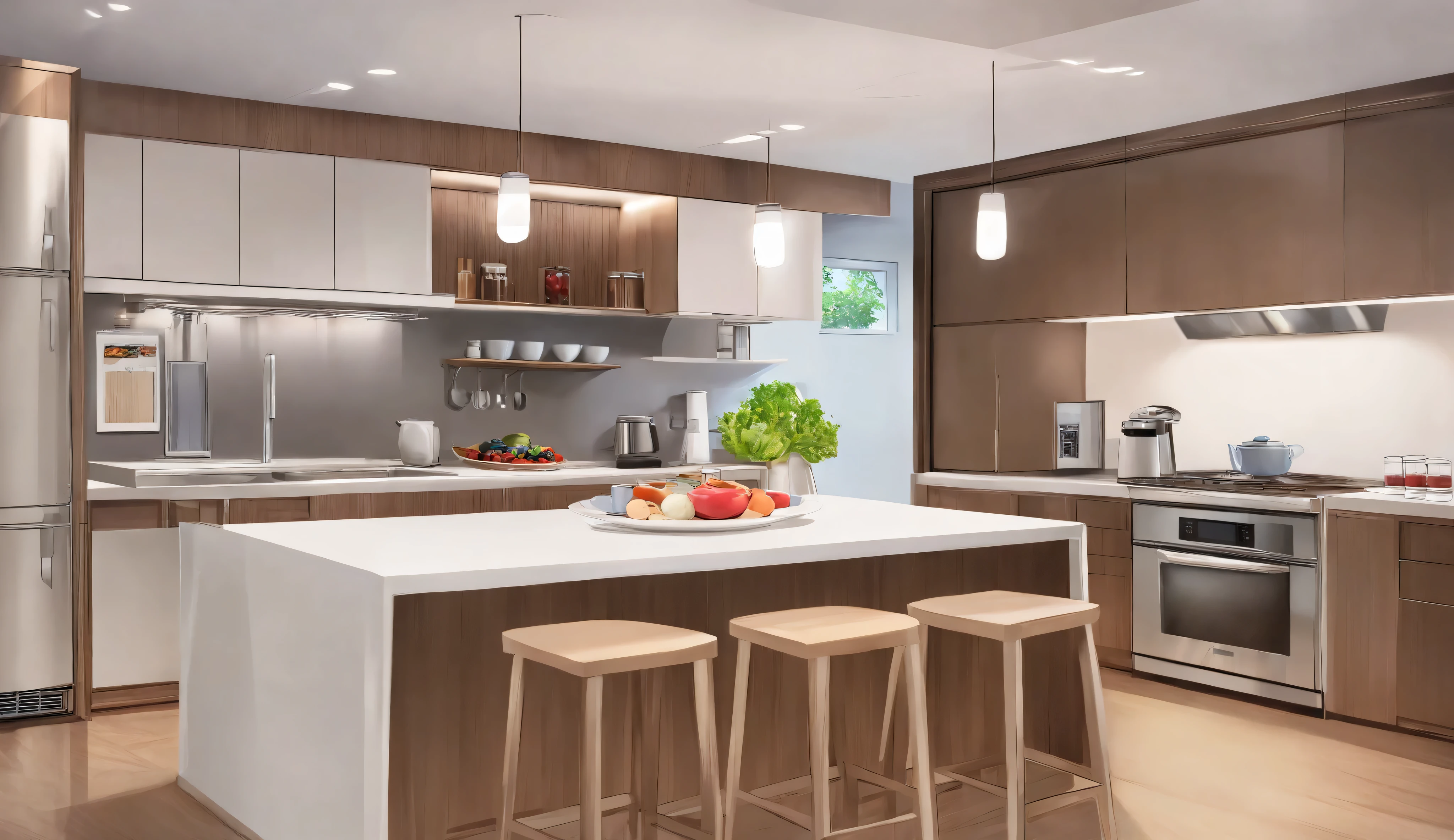 Modern anime-style kitchen and dining room interior. White and wood-tone cabinetry, sleek countertops, large refrigerator, built-in microwave, hanging spotlights, stainless appliances, and wooden floor. Dining table set for breakfast with fruit, cups, plates, and a teapot. Bright, clean atmosphere, cozy and realistic lighting, no characters.